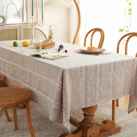 Chassic tablecloth linen-look fabric closeup highlights elegant easy-care material
