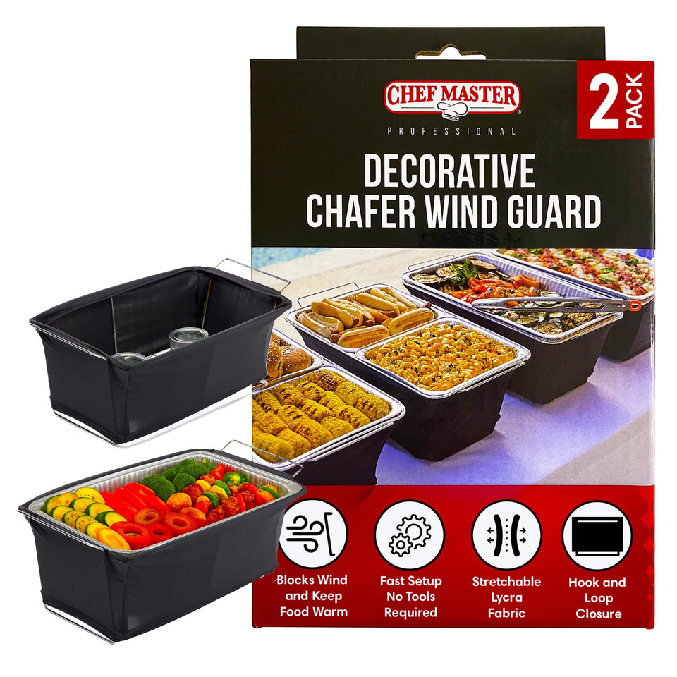 Chef Master 2-pack chafer wind guard cover maintains heat for chafing dishes.