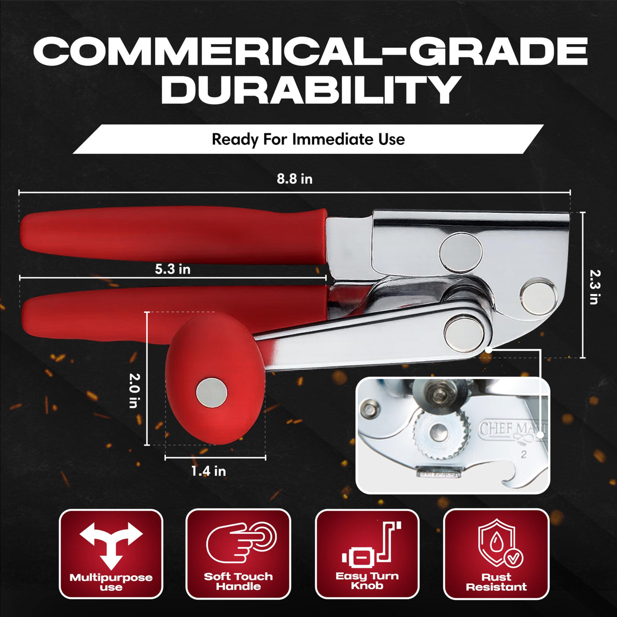 Chef Master can opener with anti-slip grip for safe operation on slick surfaces