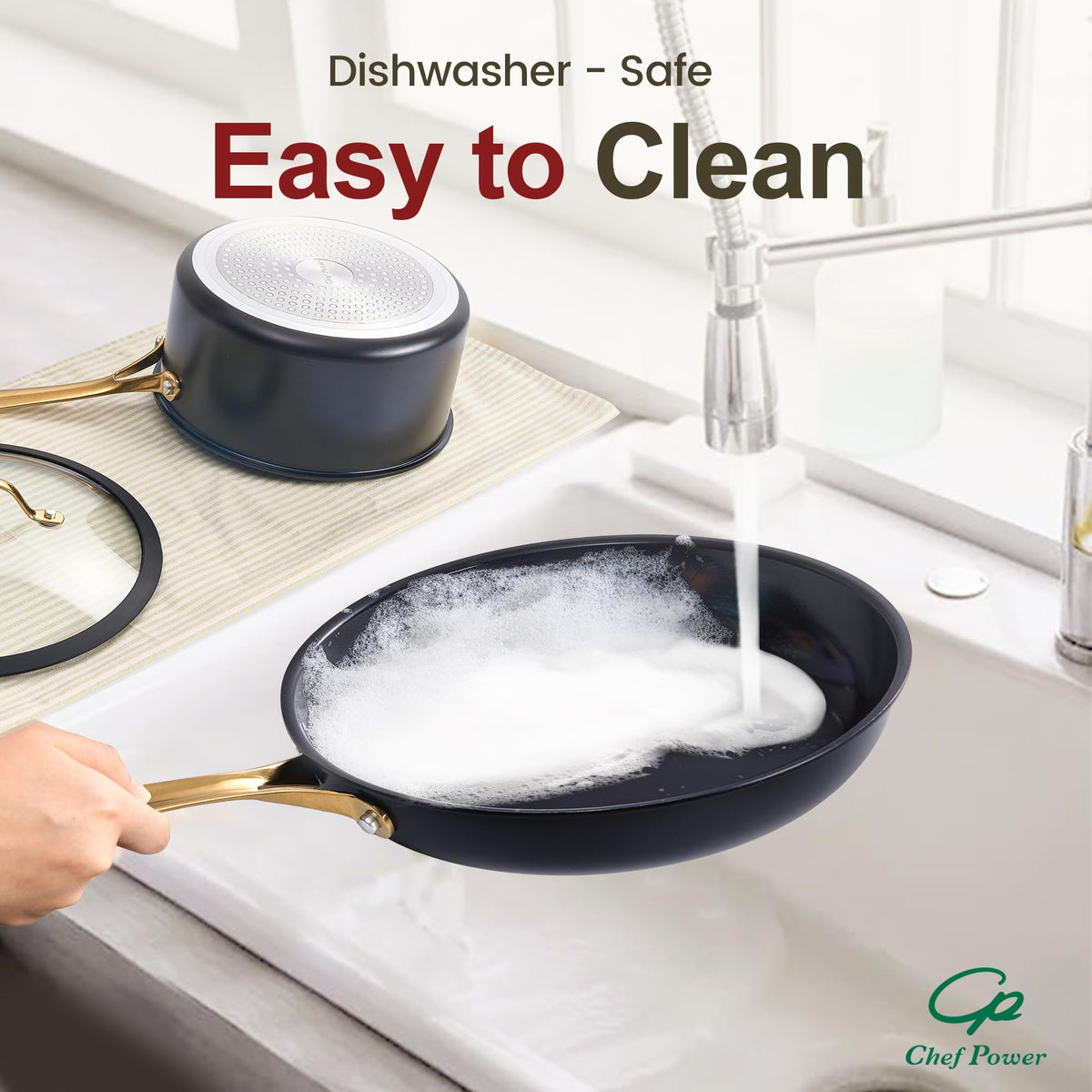 Chef Power ceramic pan set full view showing versatile sizes.