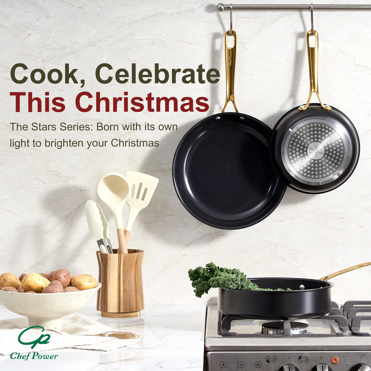 Chef Power pan set icons show dishwasher and oven safety.