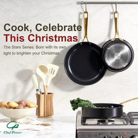 Chef Power pan set icons show dishwasher and oven safety.