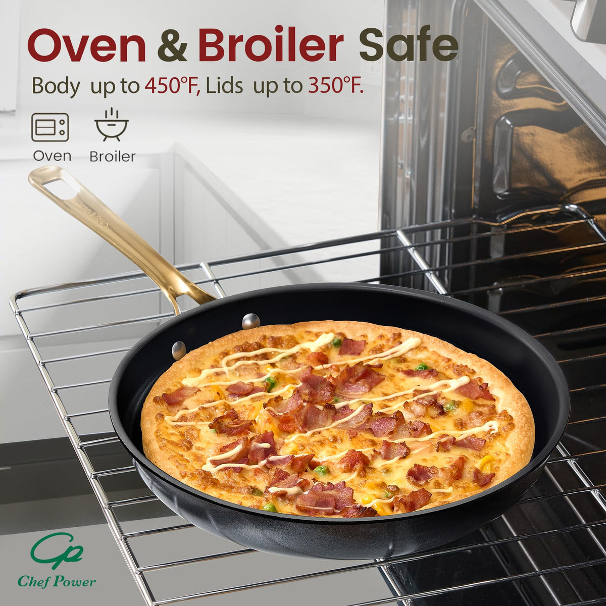 Chef Power stainless steel handle detail stays cool during cooking.