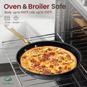 Chef Power stainless steel handle detail stays cool during cooking.