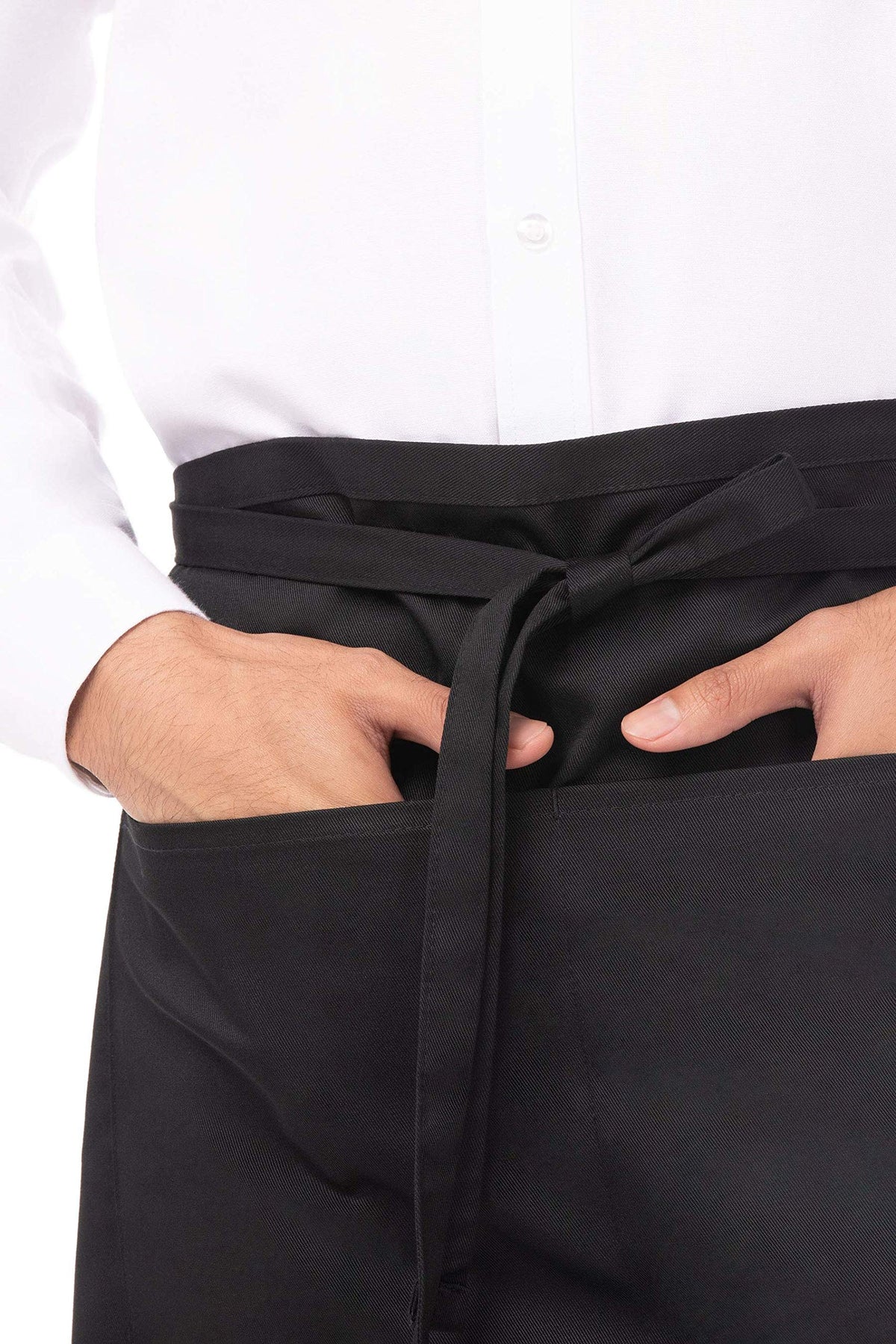 Chef Works half bistro apron pocket detail with large front pocket and center divider.