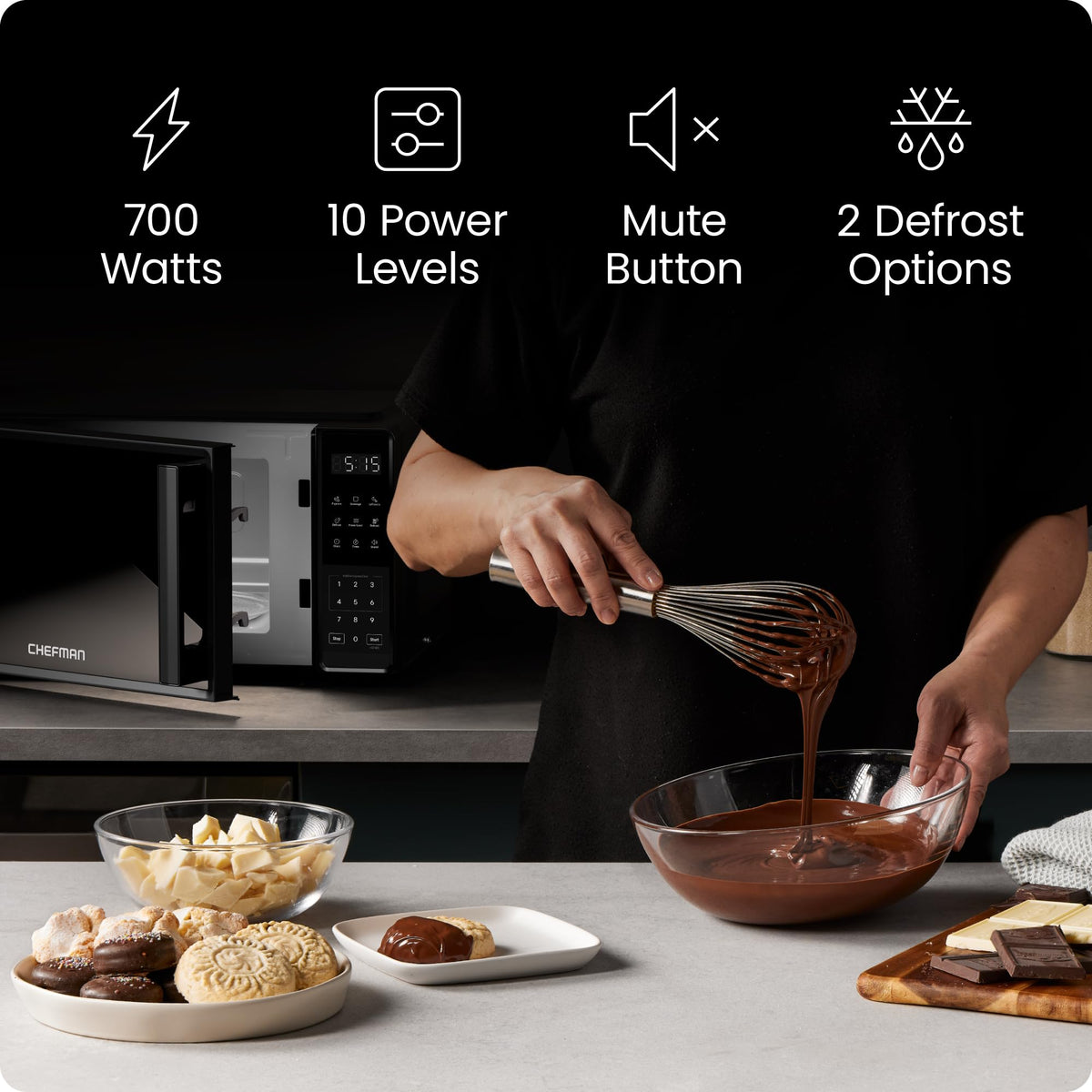 Chefman microwave control panel with digital settings for precise timing.