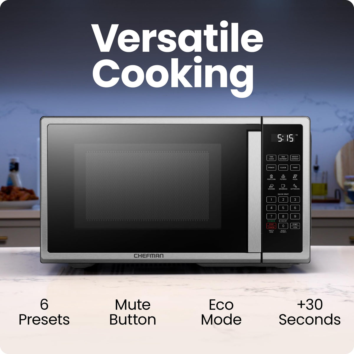 Chefman microwave digital panel highlights six presets for effortless cooking.