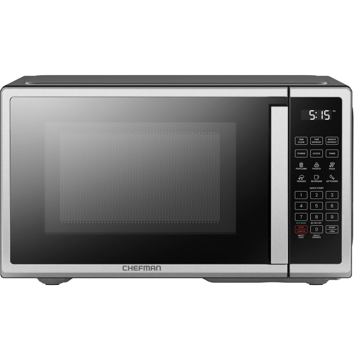 Chefman countertop microwave front angle shows compact stainless steel design and quick-start controls.