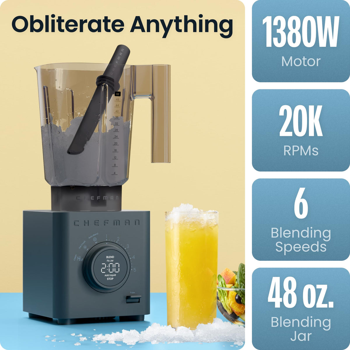Chefman Obliterator Auto Blend analyzes ingredients for consistent texture.