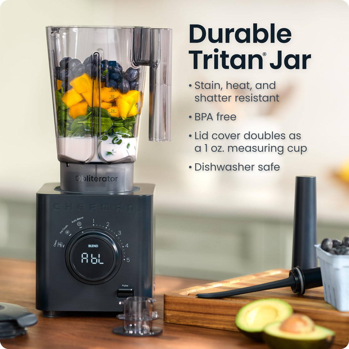 Chefman Obliterator tamper and scraper tools aid thorough blending.