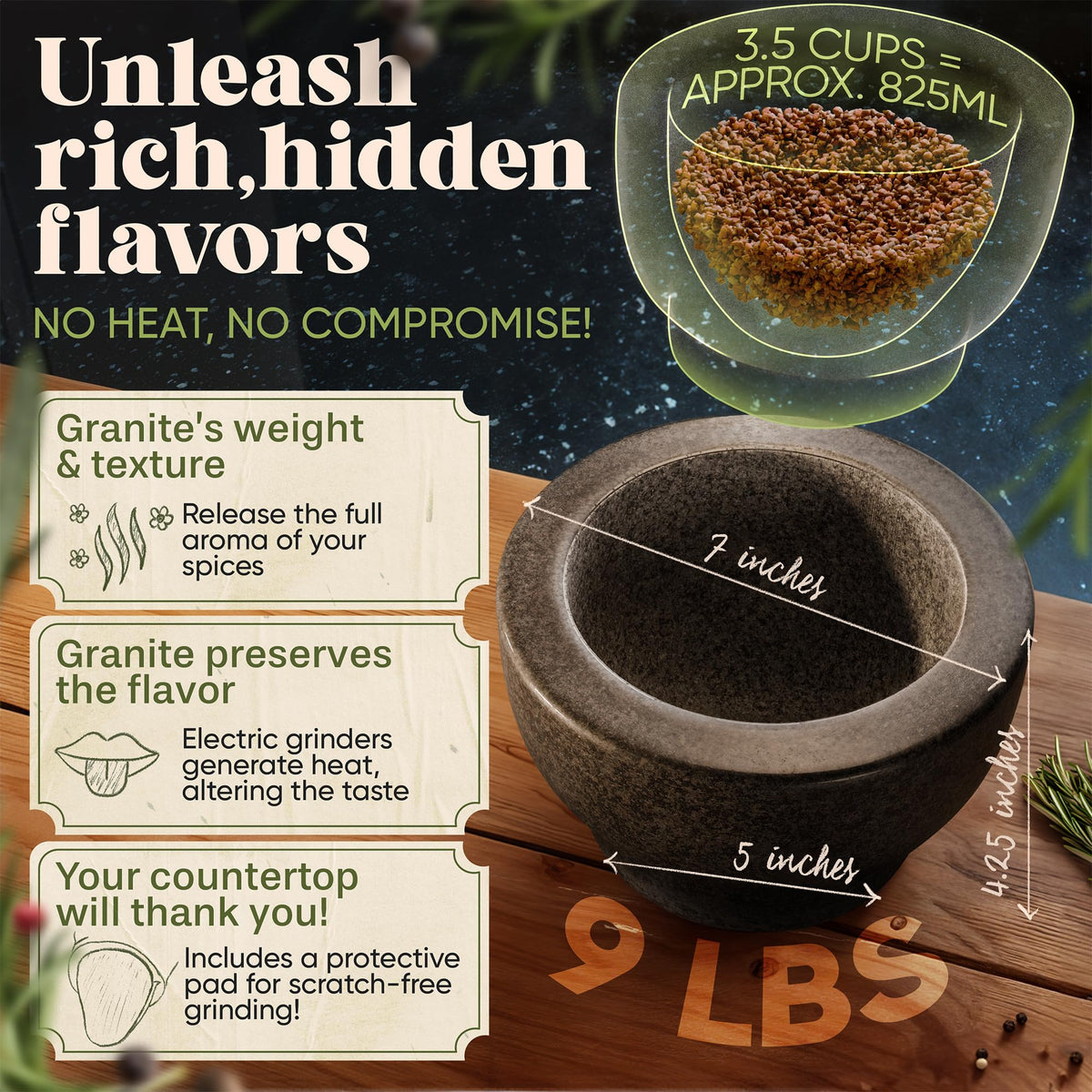 ChefSofi mortar and pestle granite interior texture aids quick crushing of herbs and spices