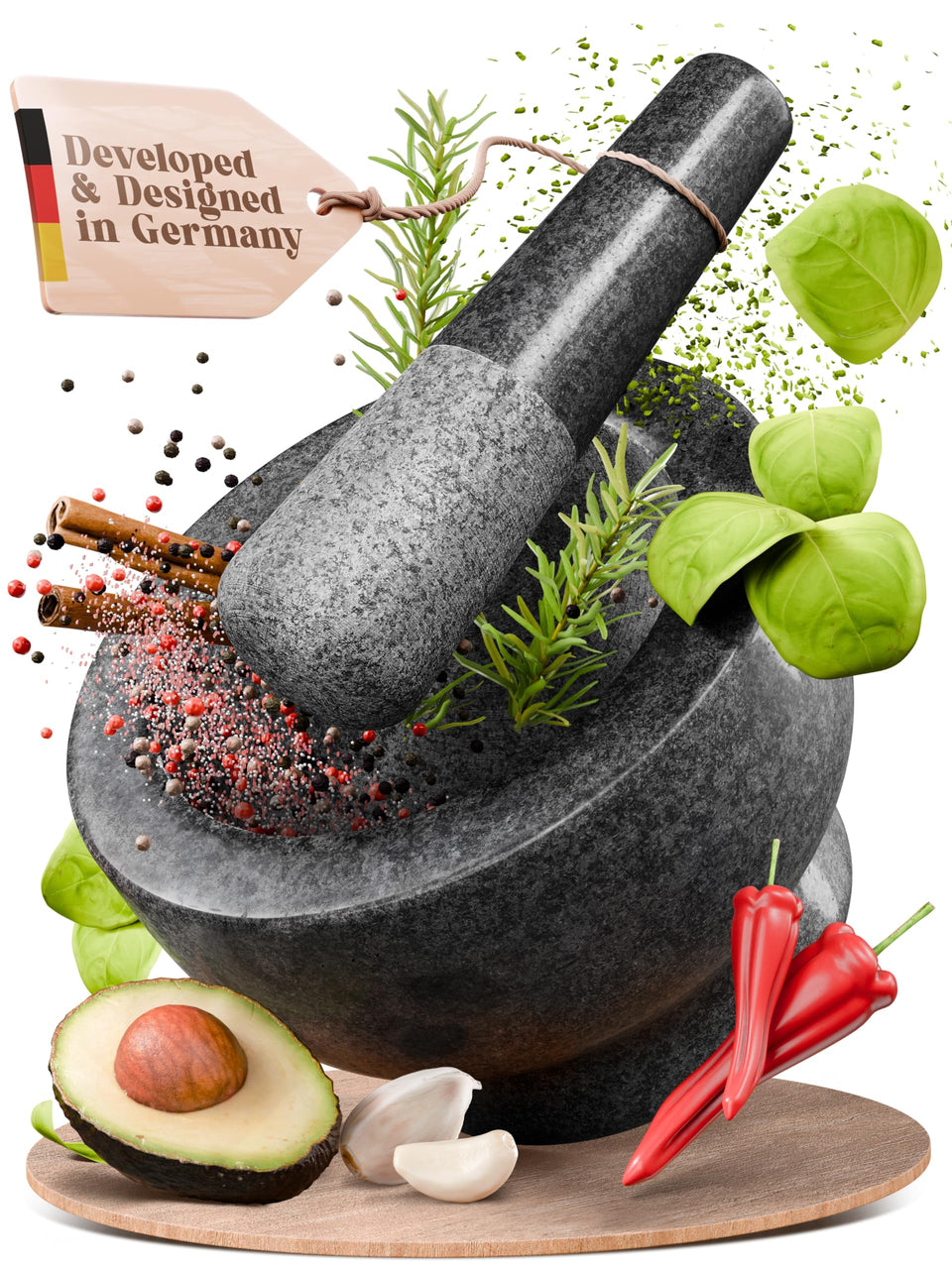 ChefSofi mortar and pestle set with a black polished exterior for easy grinding and aroma release