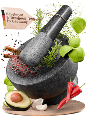 ChefSofi mortar and pestle with black polished exterior, ideal for quick aromatic grinding