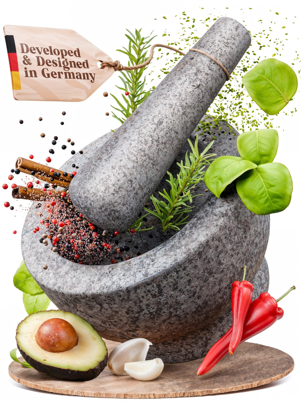 ChefSofi mortar and pestle set top view in unpolished granite for rich aroma.