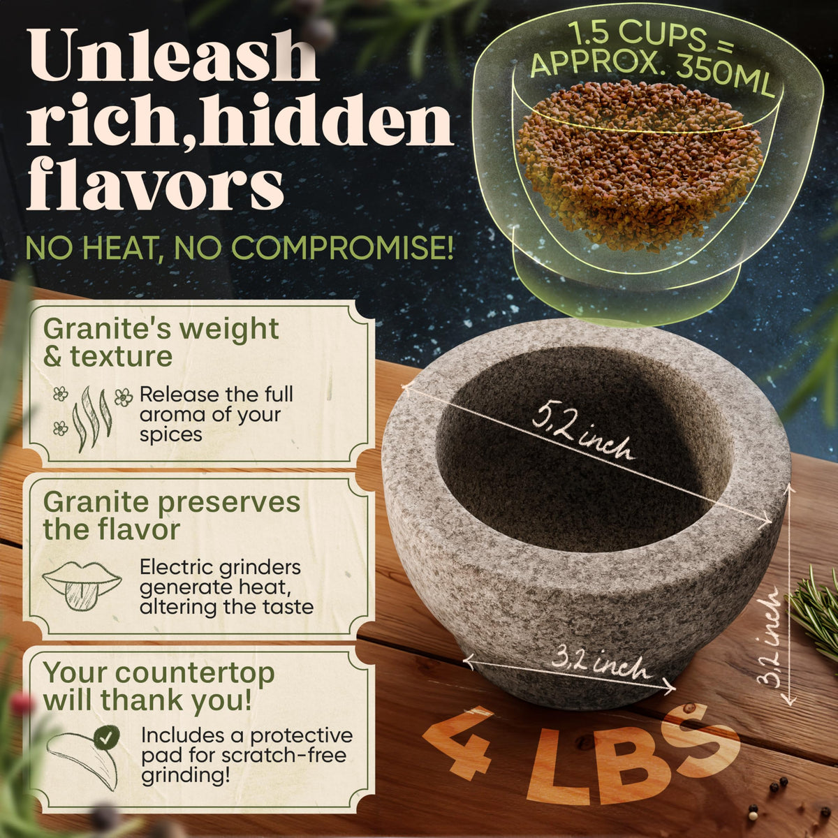 ChefSofi unpolished granite mortar interior friction enables efficient grinding