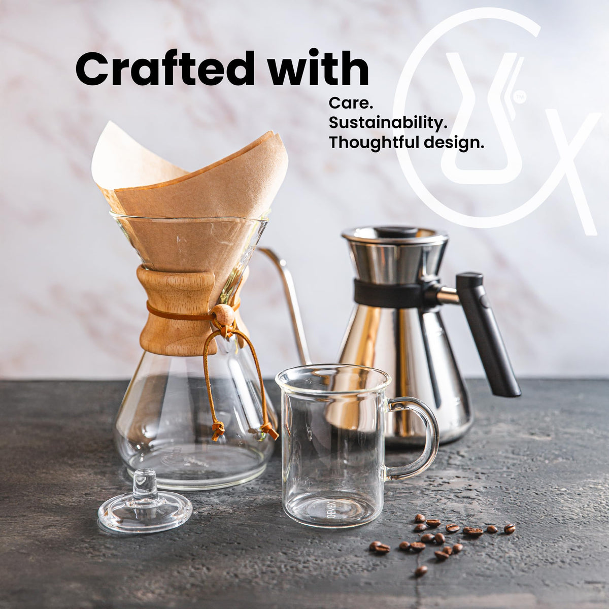 Chemex easy cleanup image shows no baskets or trays required