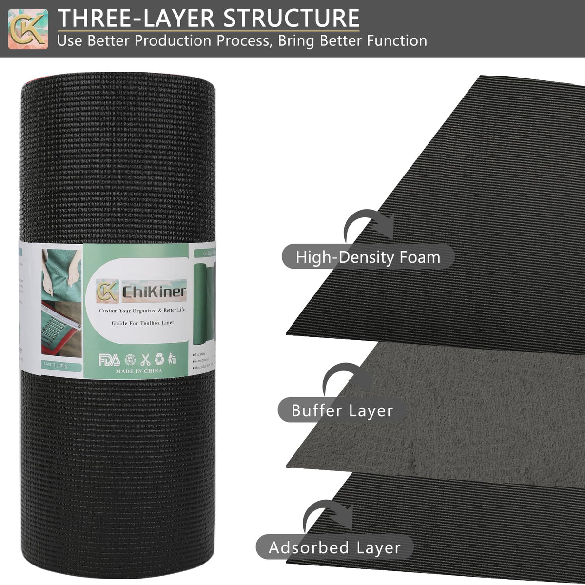 ChiKiner foam toolbox liner on a work surface demonstrates anti-slip protection for tools.