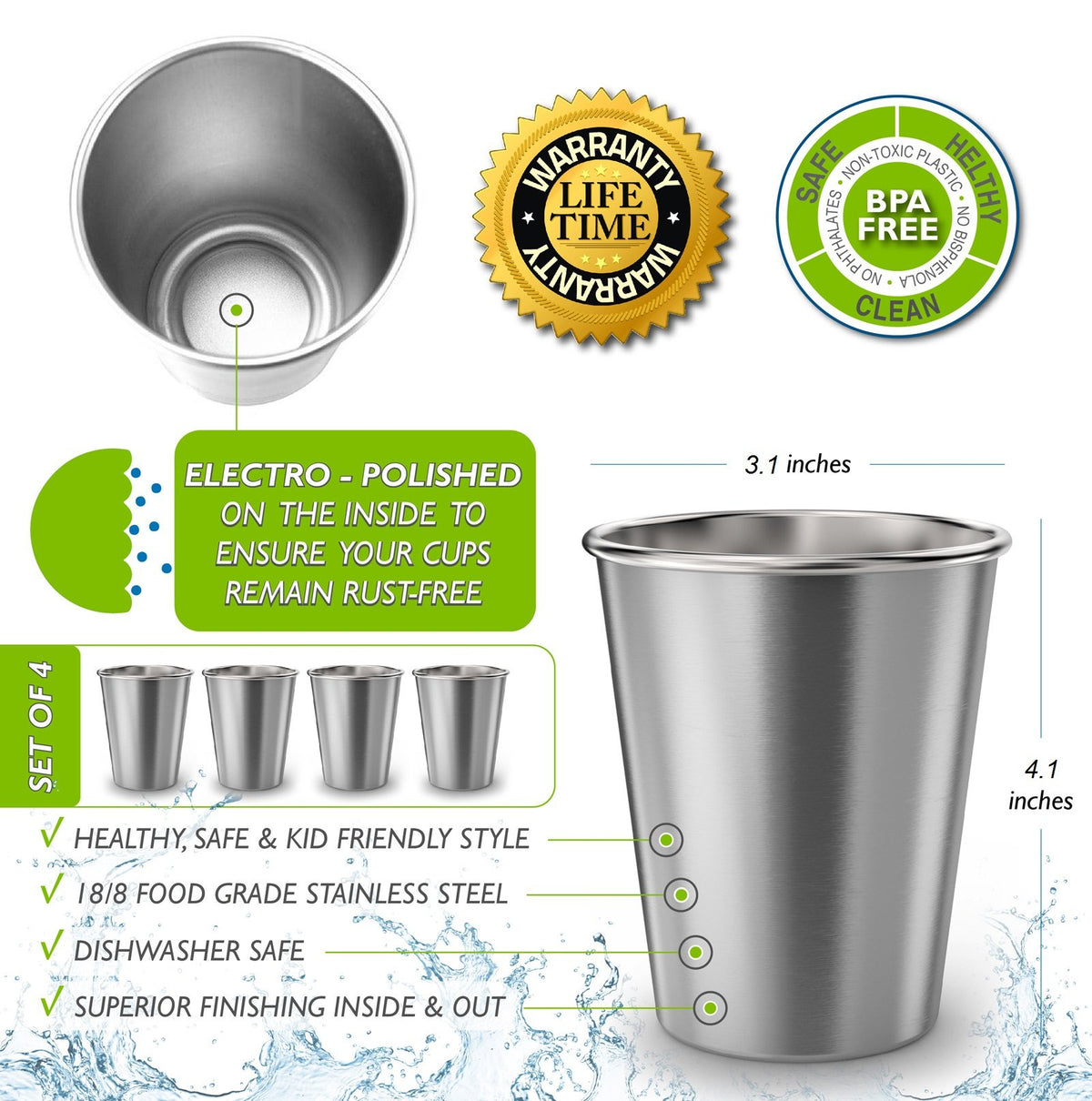 CHILLOUT LIFE durable stainless cups with inside polish and outside brushed finish for longevity.