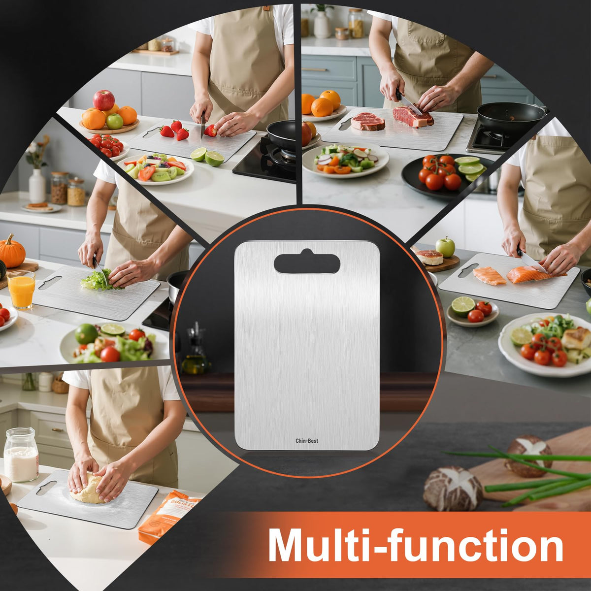 Chin-Best stainless steel board shows fruit and vegetable prep-friendly surface.