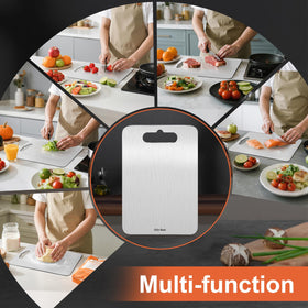 Chin-Best stainless steel board shows fruit and vegetable prep-friendly surface.