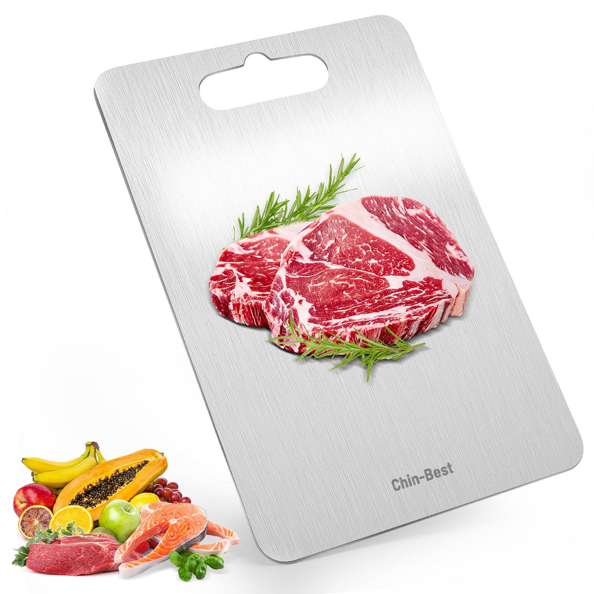 Chin-Best stainless steel cutting board top view highlights durable non-porous surface for easy cleaning.