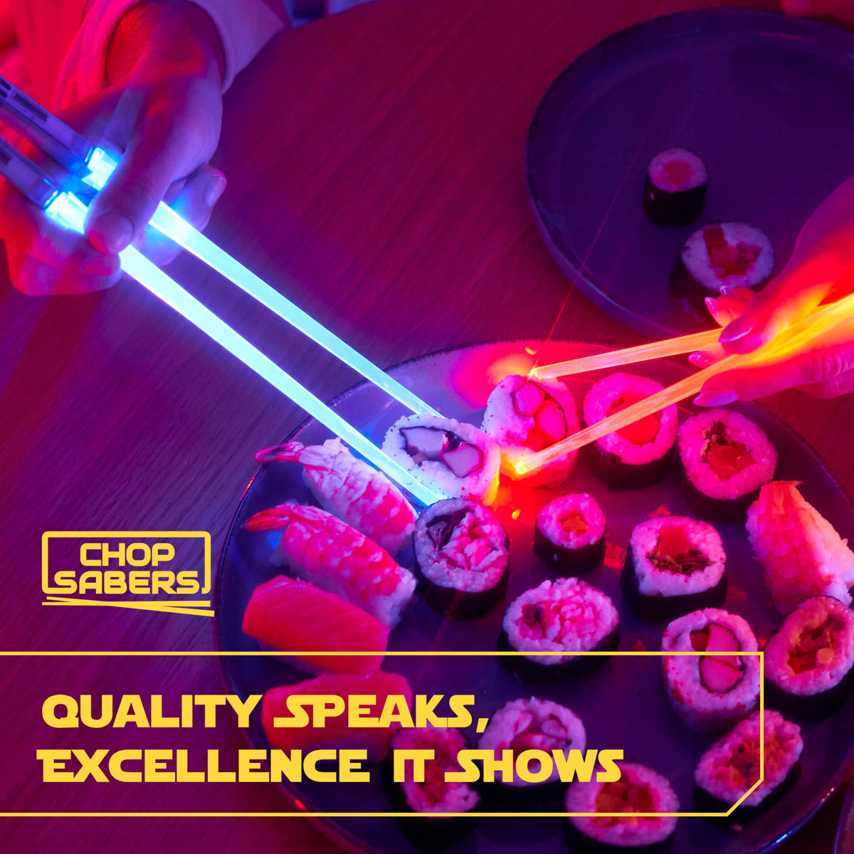 ChopSabers LED-lit chopsticks shown in action during a meal.