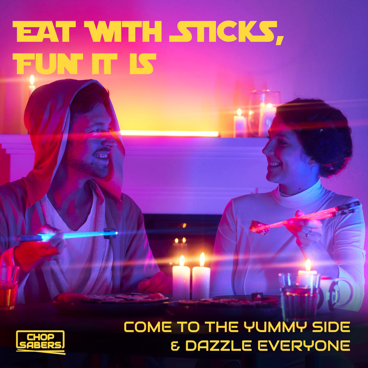 ChopSabers light-up chopsticks with red glow for festive dining