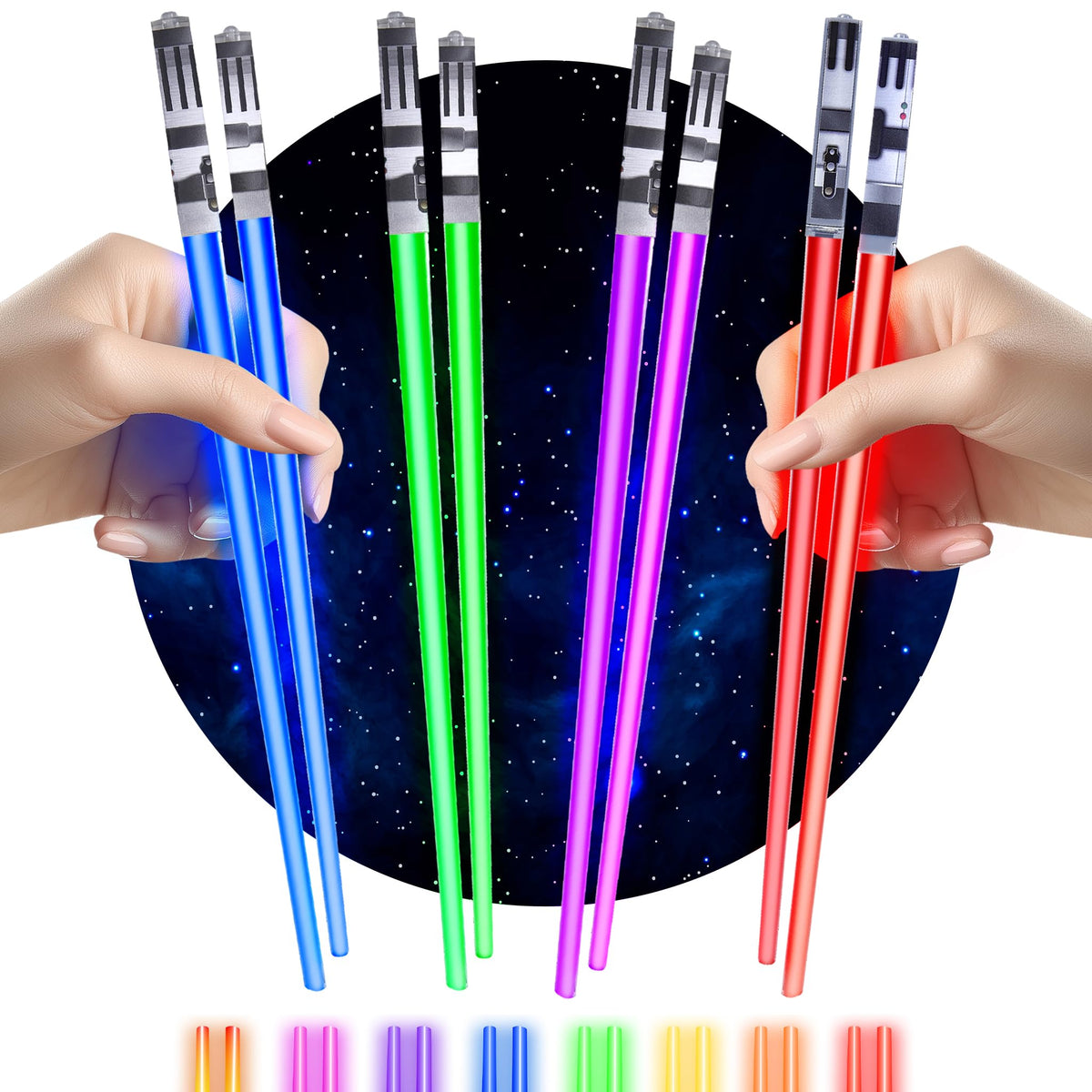 ChopSabers lightsaber chopsticks glow in blue, red, green, and purple for playful dining.