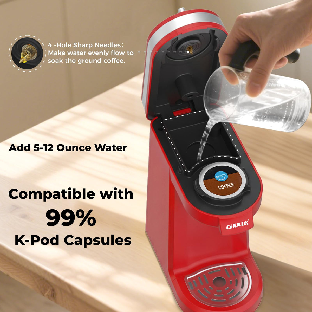 CHULUX red adjustable drip-tray enables taller mugs