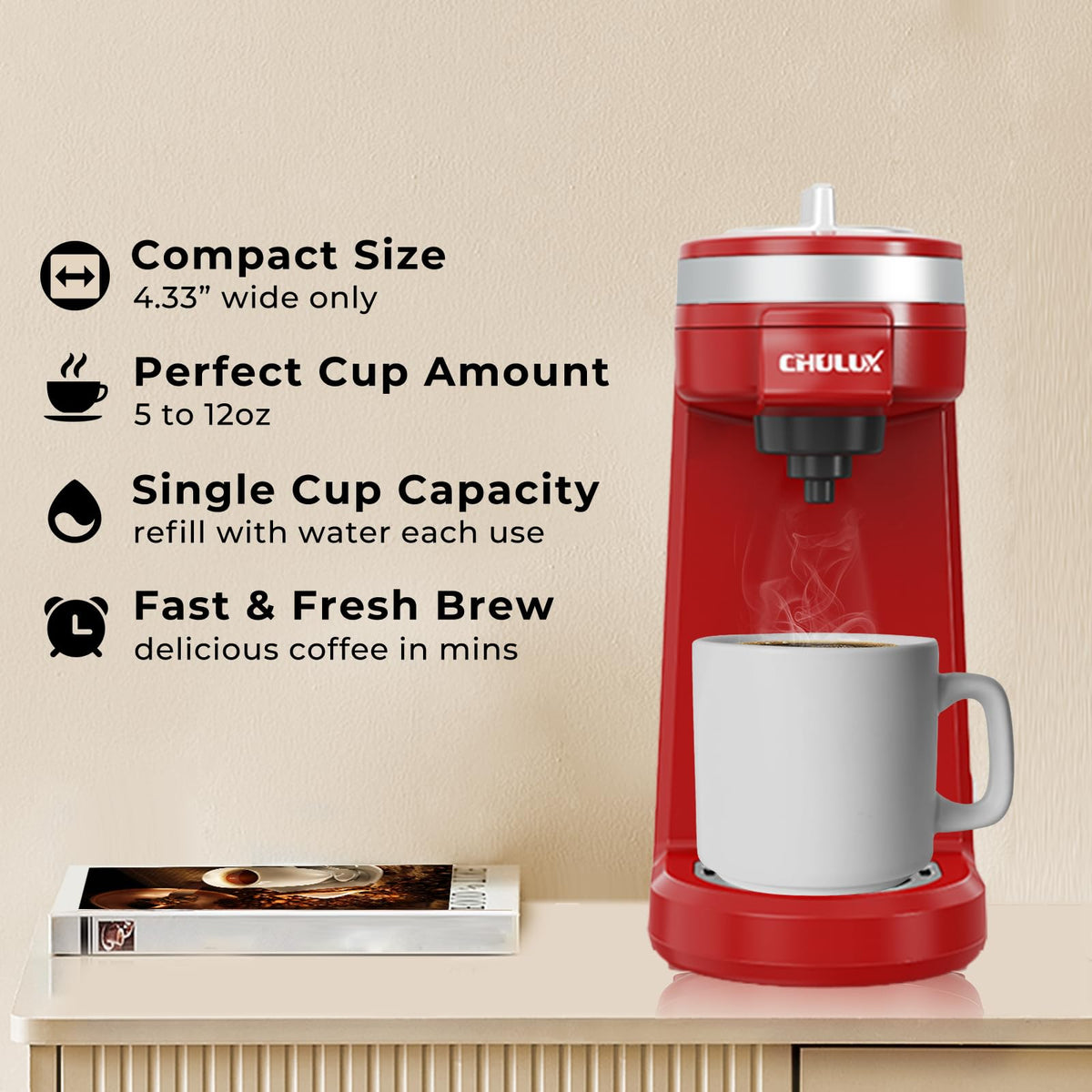 CHULUX red side view highlighting compact footprint for small spaces
