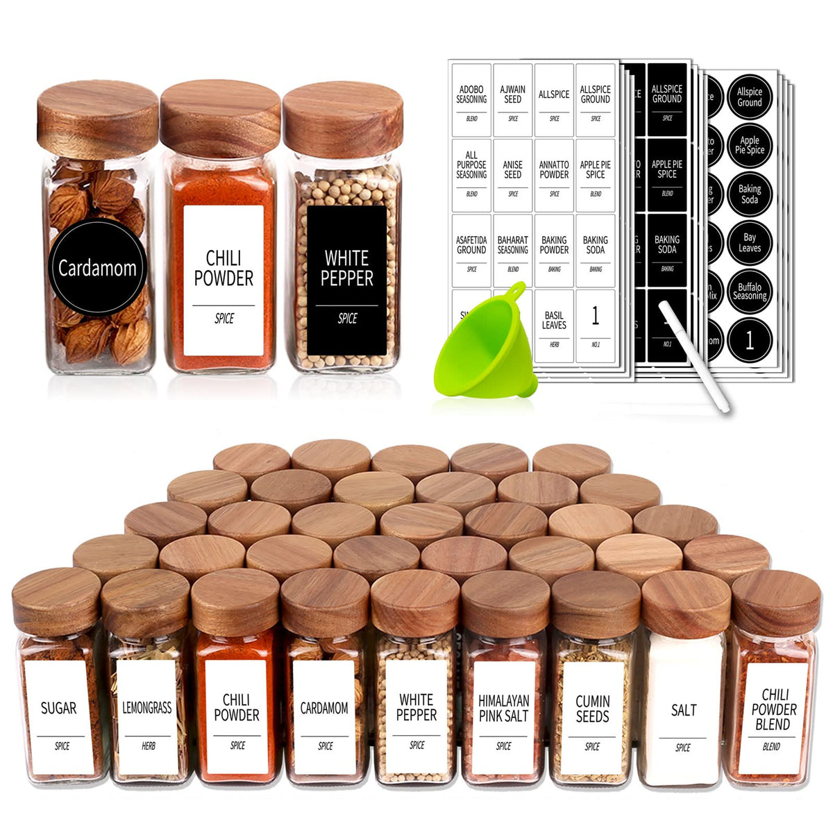 Churboro 48 spice jars in clear glass for quick identification and organized storage.