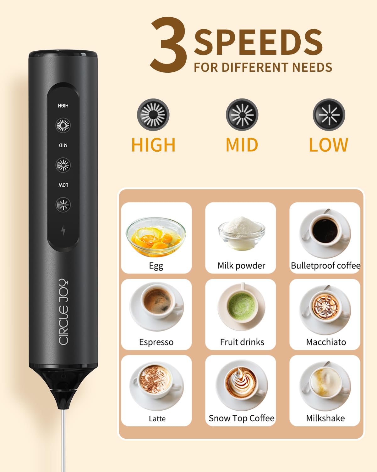 Circle Joy frother with 3-speed settings for versatile blending