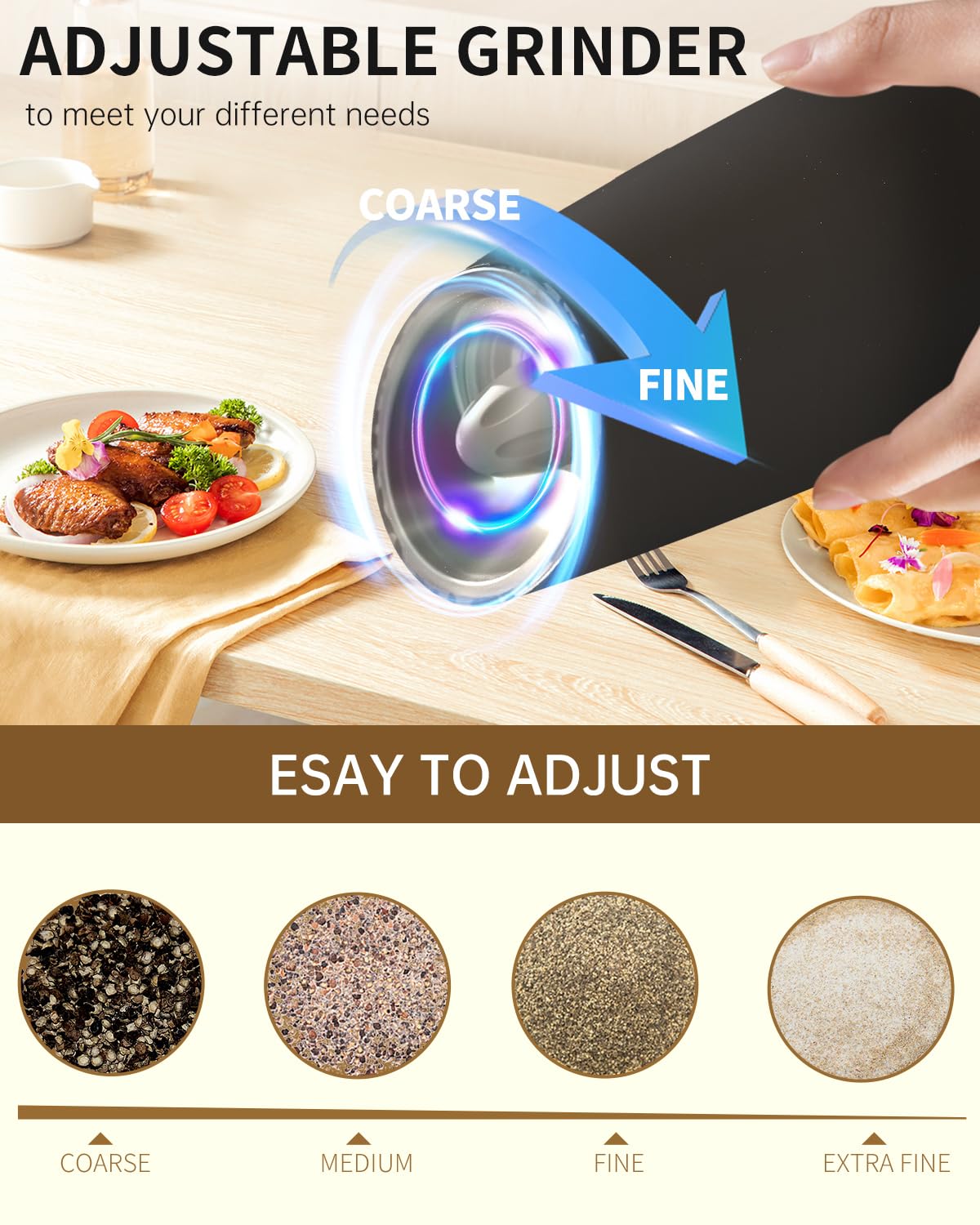 Circle Joy adjustable coarseness lets you tailor texture for salt or pepper.