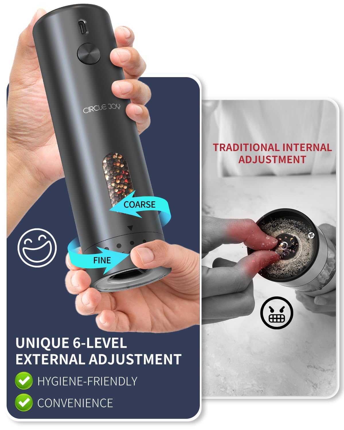 CIRCLE JOY external-adjustment grinder focuses on texture without touching peppercorns, improving hygiene.