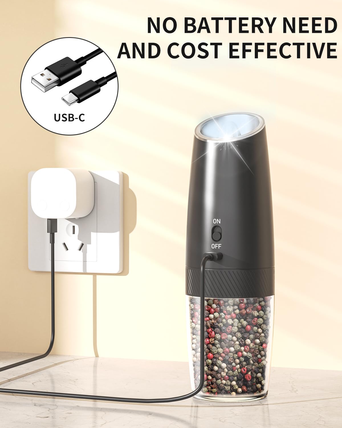 Circle Joy gravity grinder with LED light on for precise seasoning in low light.