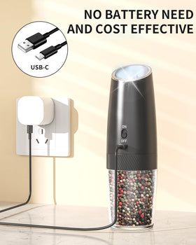 Circle Joy gravity grinder with LED light on for precise seasoning in low light.