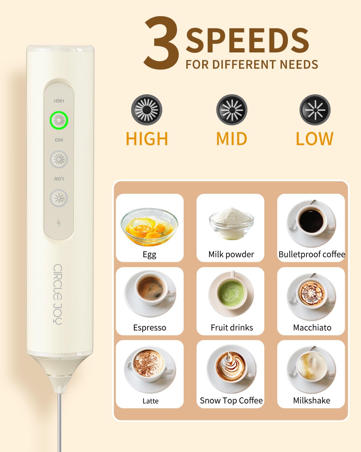 Circle Joy three speed settings for silky foam and versatile mixing