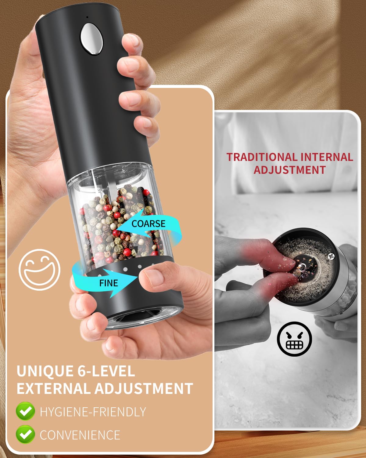 CIRCLE JOY pepper grinder with bright LED light for precise seasoning.