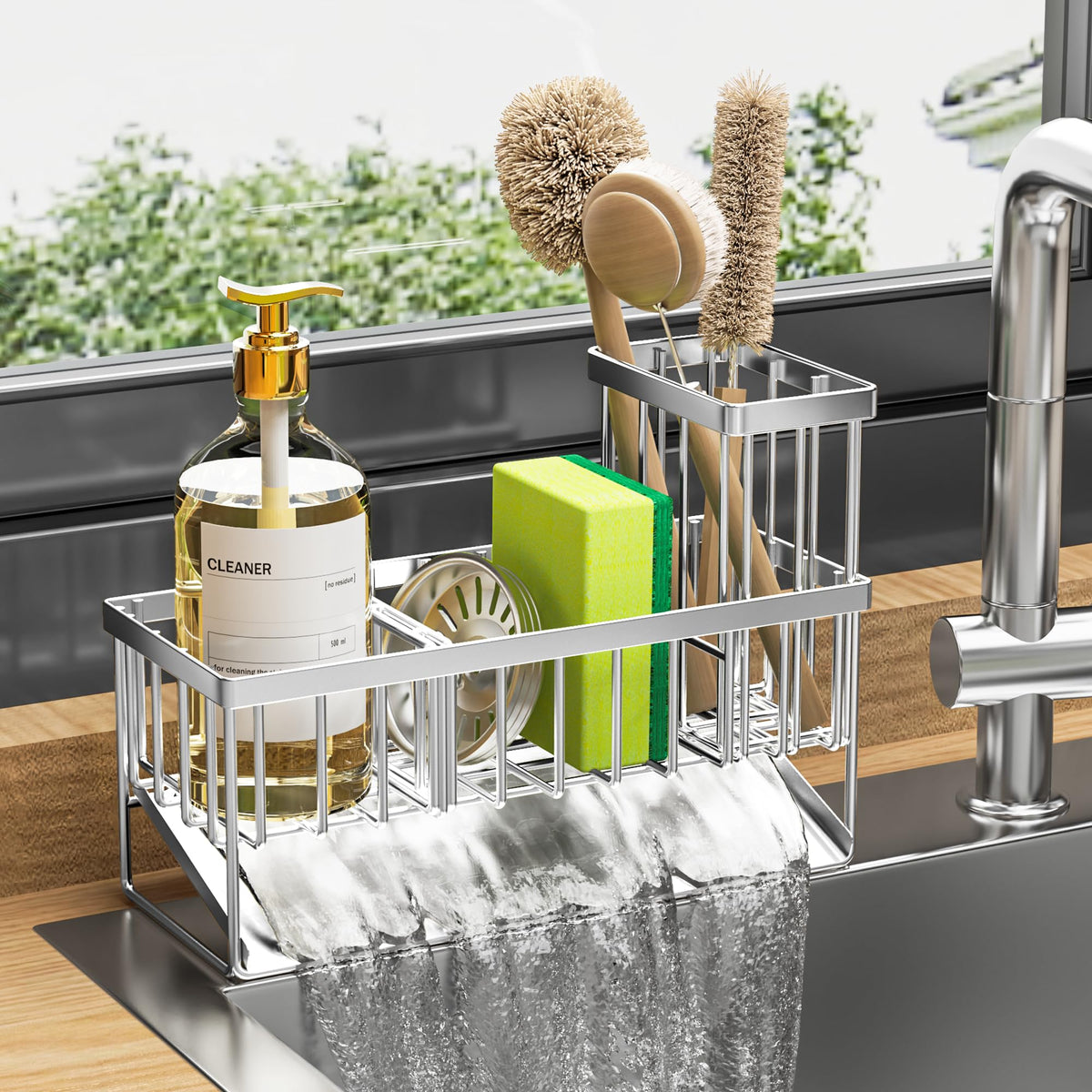 Cisily compact organizer keeps detergent bottle and sponge within reach.
