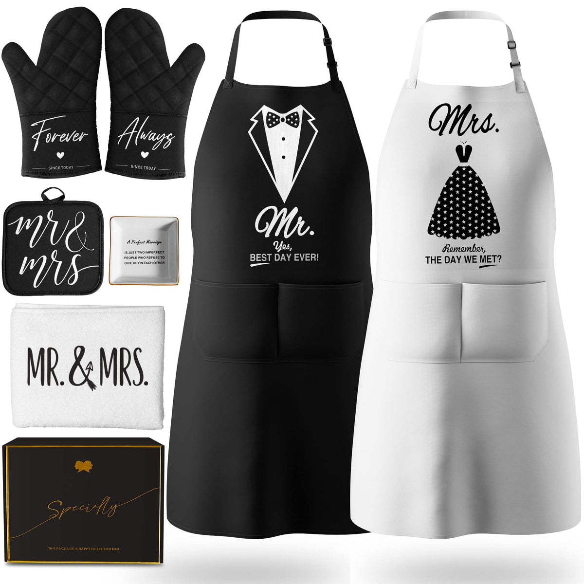 CITTA Mr and Mrs aprons for couples set, durable kitchen wear for shared cooking.