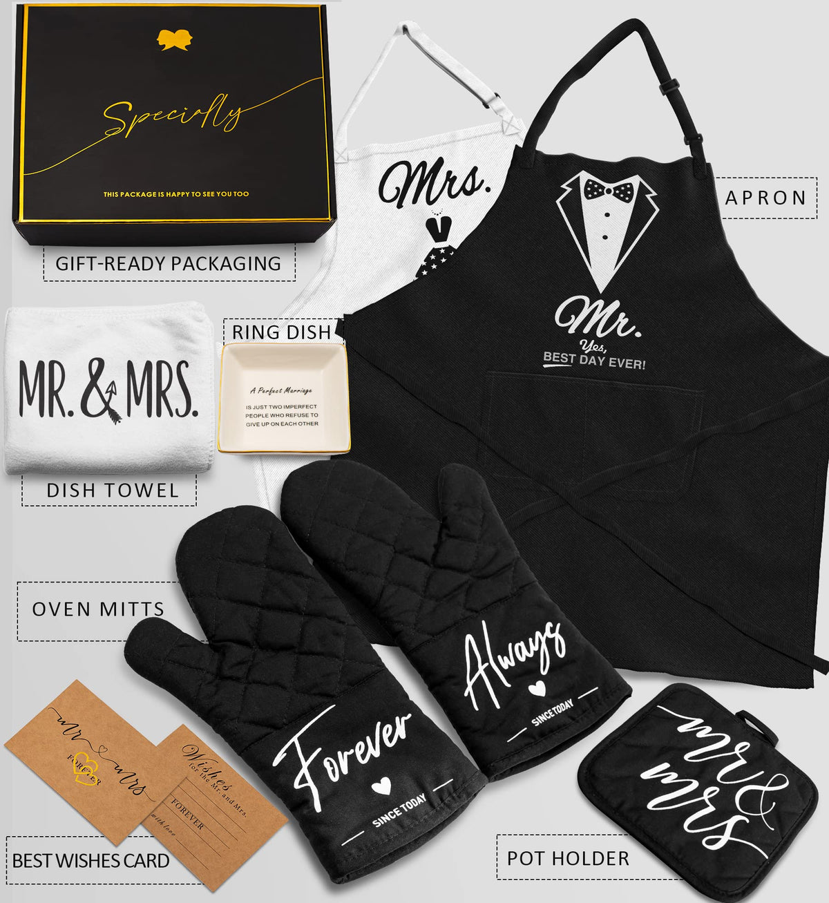 CITTA oven mitts and pot holder trio protecting clothes during baking and cleaning tasks.
