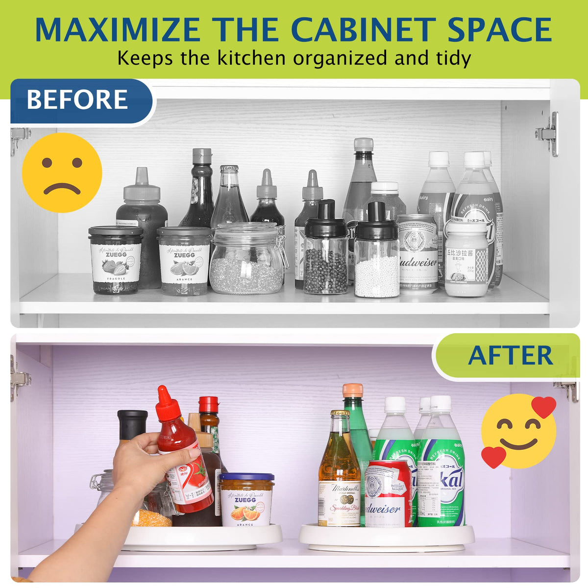 CiWiVOKi refrigerator lazy susan maximizes fridge space with organized stacking.