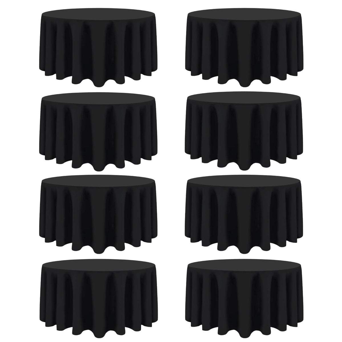 CKIKU 8-pack 120-inch black round tablecloth on banquet table, seamless fabric.
