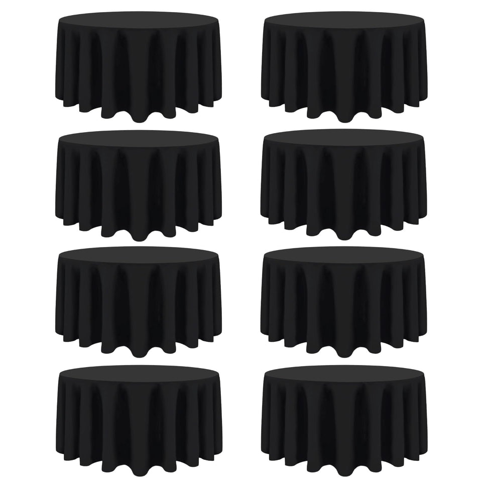 CKIKU 8-pack 120-inch black round tablecloth on banquet table, seamless fabric.