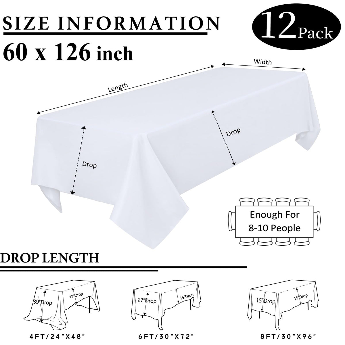 CKIKU rectangle tablecloth dimension guide, helping you determine the drop for a tailored look.