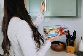 ClearSpace bin with base feet prevents shifting when stacking on countertops.