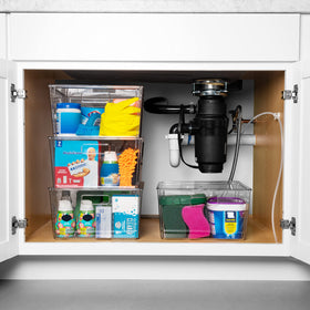 ClearSpace XL stackable bin collection on a shelf for efficient storage.