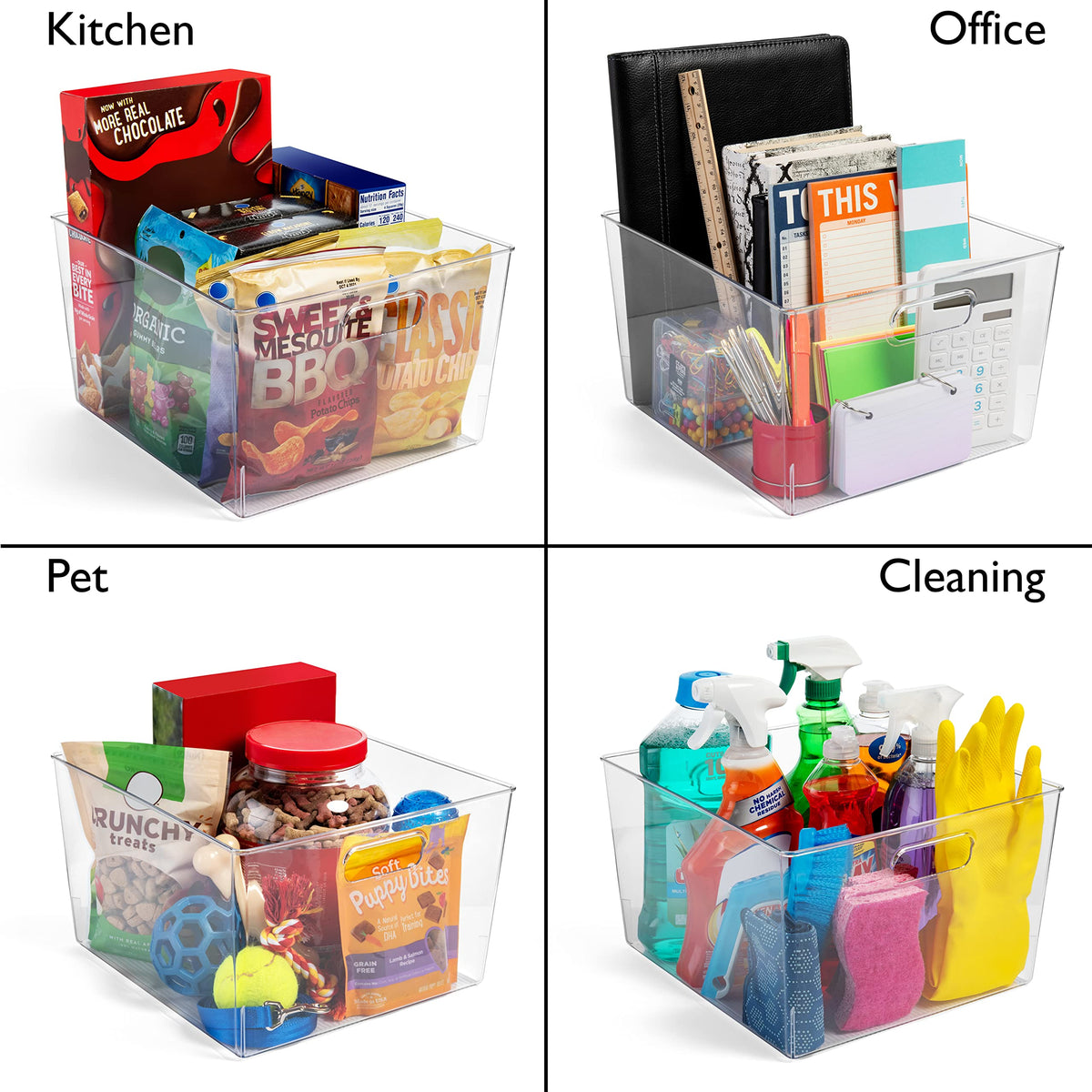 Kitchen cabinet organizer bin fitting on shelves.
