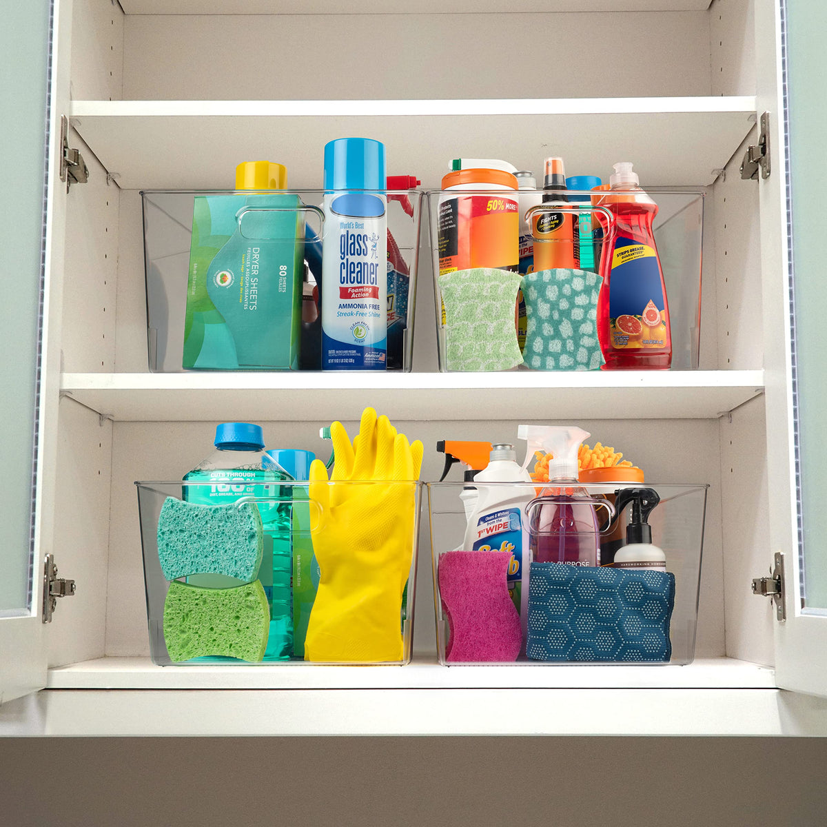 Stackable ClearSpace storage bin maximizing space in pantry or cabinets.