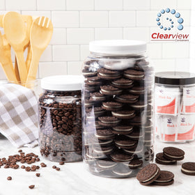 CLEARVIEW CONTAINERS white lid close-up on kitchen shelf.